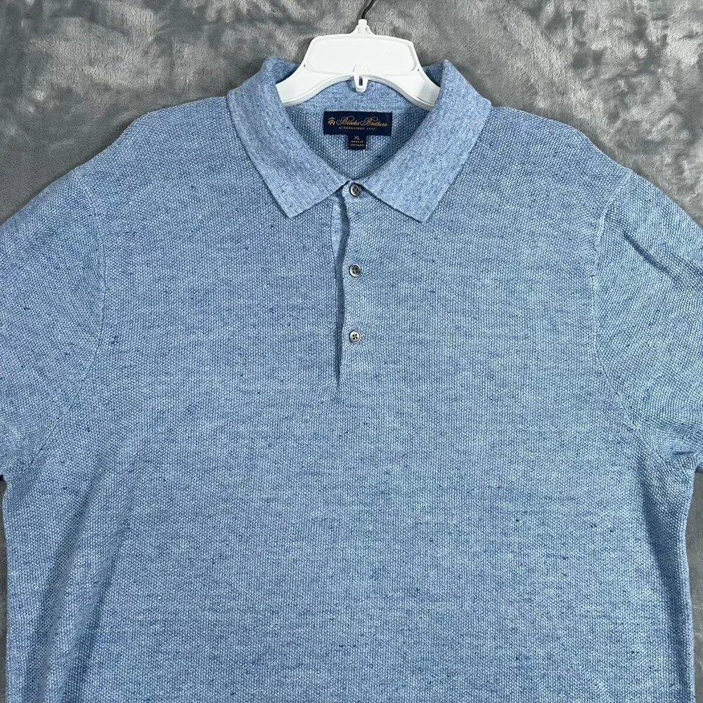 Brooks Brothers 100% Linen Sweater Polo Mens XL Blue Short Sleeve Pullover Knit